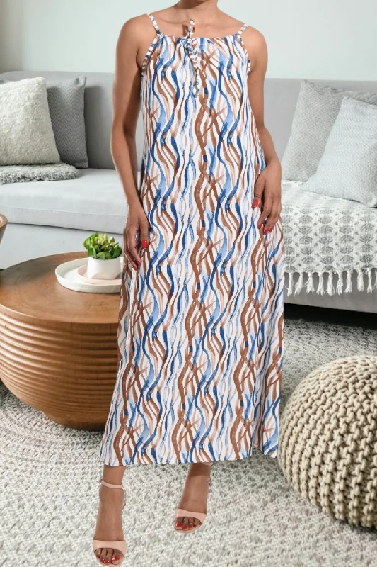 Affordable wedding guest dresses maxi-Brown Pattern Strappy Maxi Tie Dress