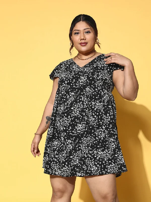 mini dresses-for trendy streetwearBerrylush Women Plus Size Black & White Floral Printed V-Neck Crepe Tie-Up Styled Back Wrap Mini Dress