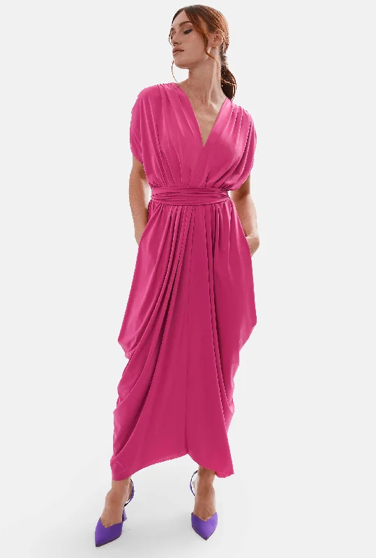 Flowy summer floral maxi dresses-Batwing Pleated Maxi Dress Fuchsia