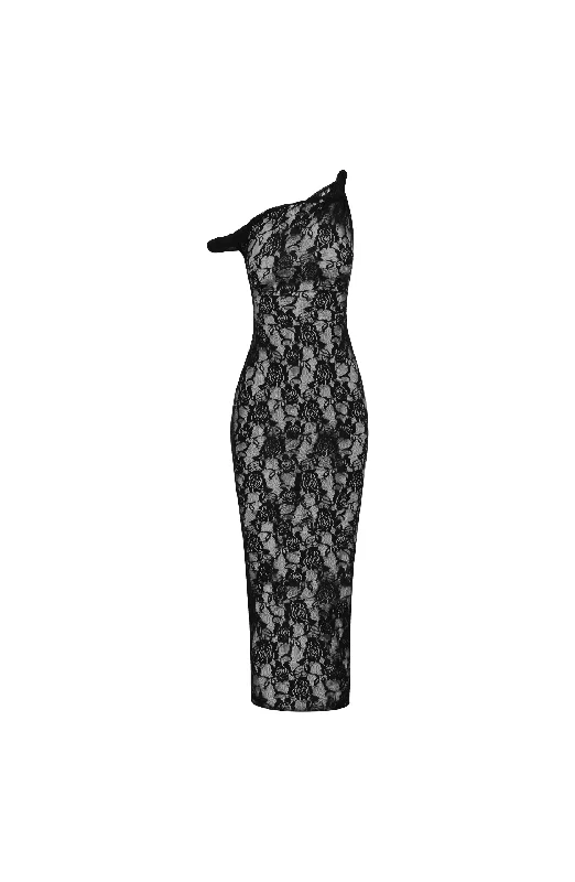 Plus size floral chiffon maxi dresses-The Long Lace Poppy in Black Sample