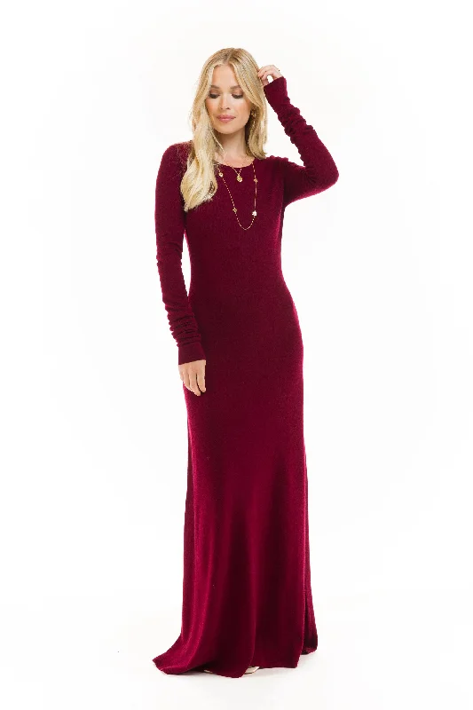 Maxi dresses with high-low hem-CASHMERE MAXI FITTED DRESS BURGUNDY