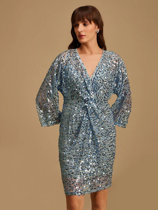 mini dresses-spring chic styleFront Knotted Sequined Dress