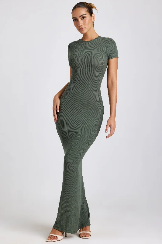 Casual beach maxi dresses-Ribbed Modal Maxi Dress in Khaki Green