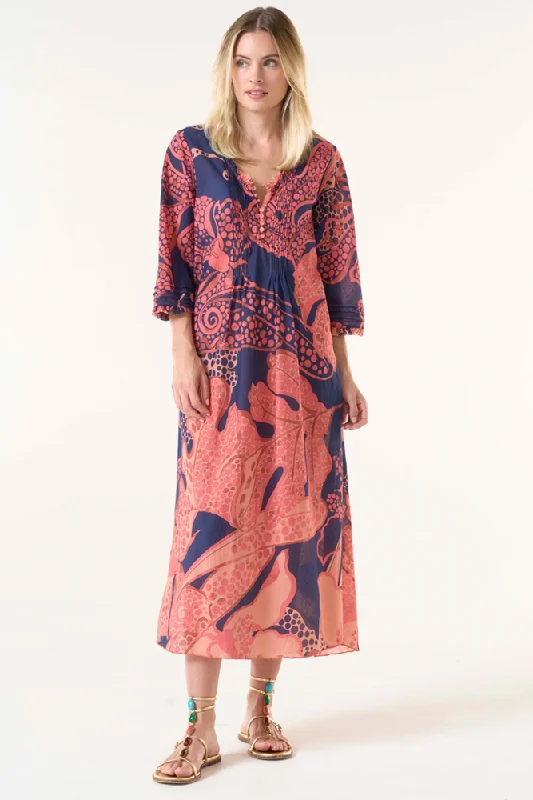 Plus size maxi dresses with sleeves-Coral Long Poppy Portofino Cotton Dress By Oneseason