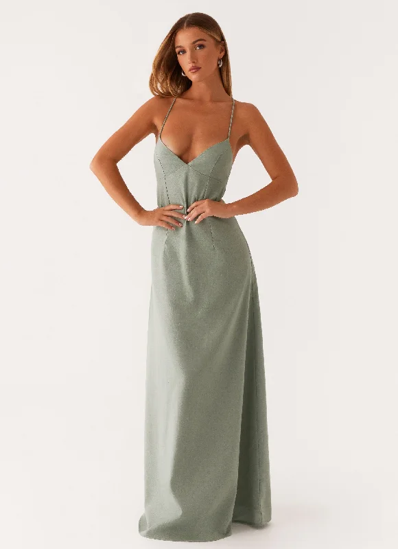 Sexy summer satin maxi dresses-Middle Ground Linen Maxi Dress - Sage