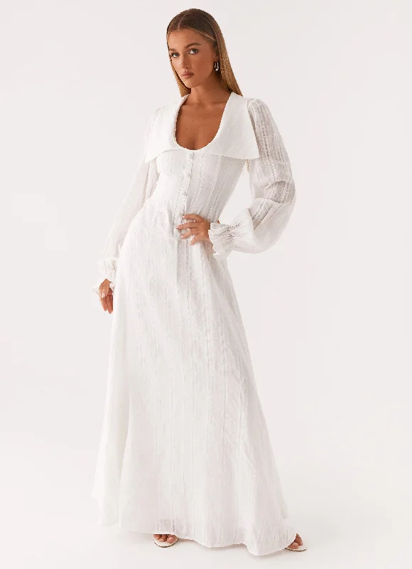 V-neck satin maxi dresses-Alima Long Sleeve Maxi Dress - White