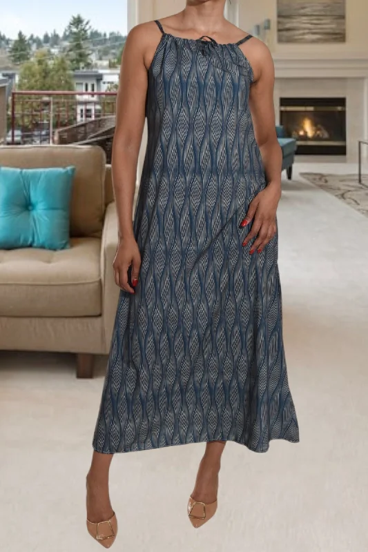 Sexy back maxi dresses-Printed Navy Grey Strappy Maxi Tie Dress