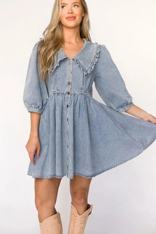 mini dresses-for formal eventsLainey Mini Dress with Peter Pan Collar in Light Wash Denim - Nursing Friendly