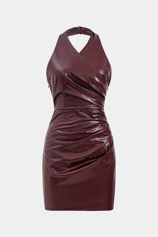 mini dresses-perfect for modern womenFaux Leather Halter Neck Ruched Sleeveless Mini Dress