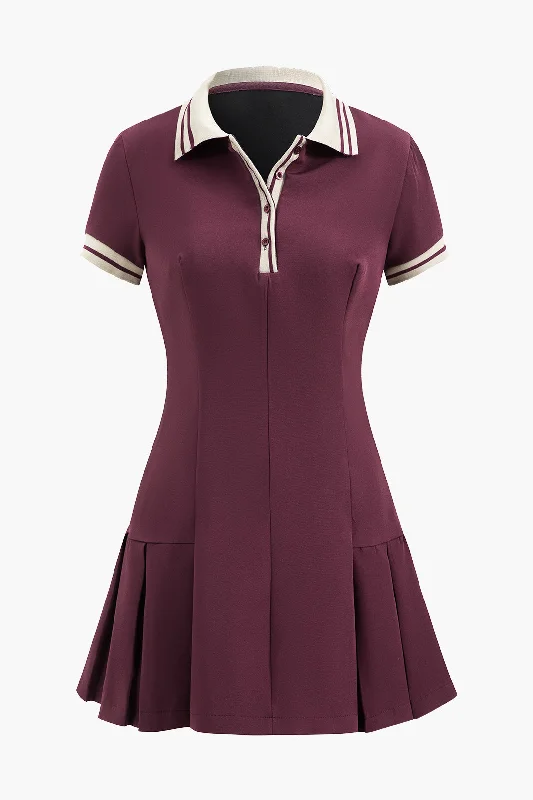 mini dresses-winter night glamPleated Button Short Sleeve Mini Dress