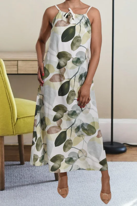 Elegant floor-length maxi dresses-Olive Floral Strappy Maxi Tie Dress