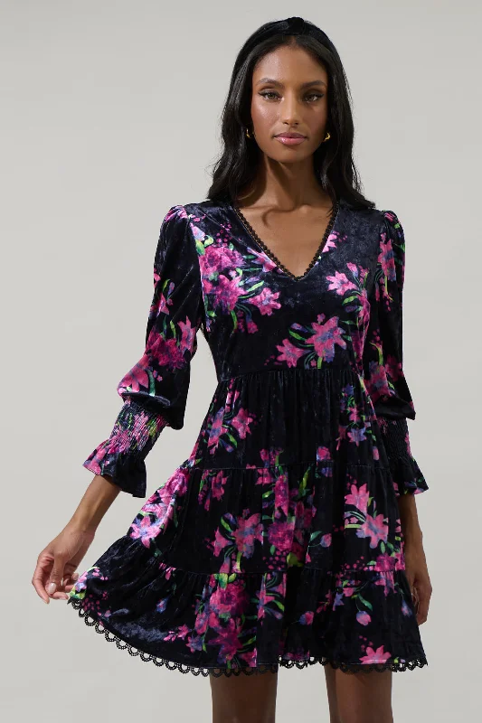 mini dresses-with trendy patternsTulda Floral Amari Velvet Tiered Mini Dress