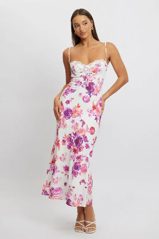 Printed maxi dresses for cocktail parties-White Floral Maxi Dress Back Tie Satin