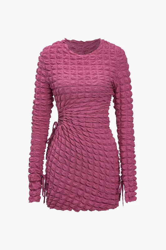 mini dresses-casual wear for brunchPuff Texture Long Sleeve Mini Dress