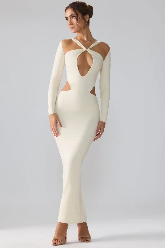 Maxi dresses with ruffles-Premium Jersey Long Sleeve Cut Out Maxi Dress in Ivory