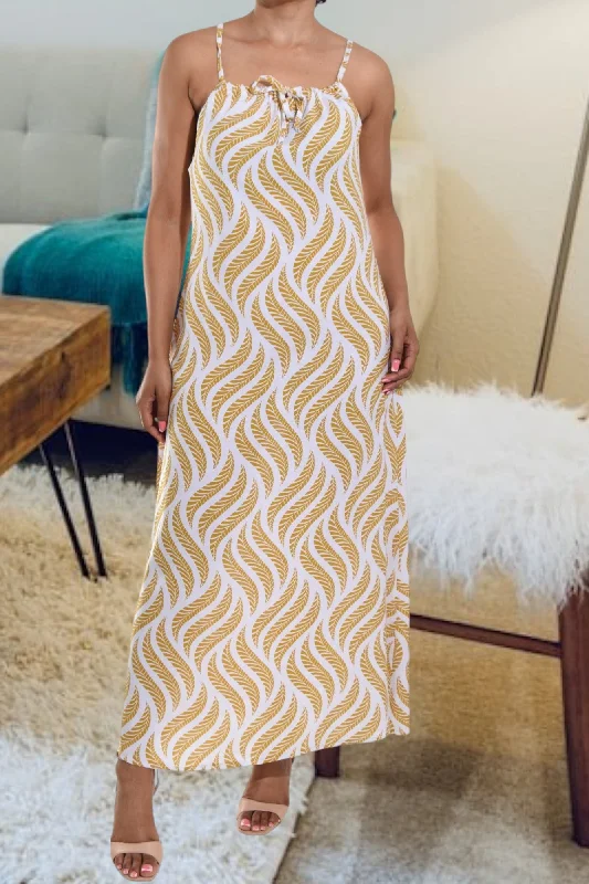 Flared maxi dresses with floral print-Mustard Printed Strappy Maxi Dress