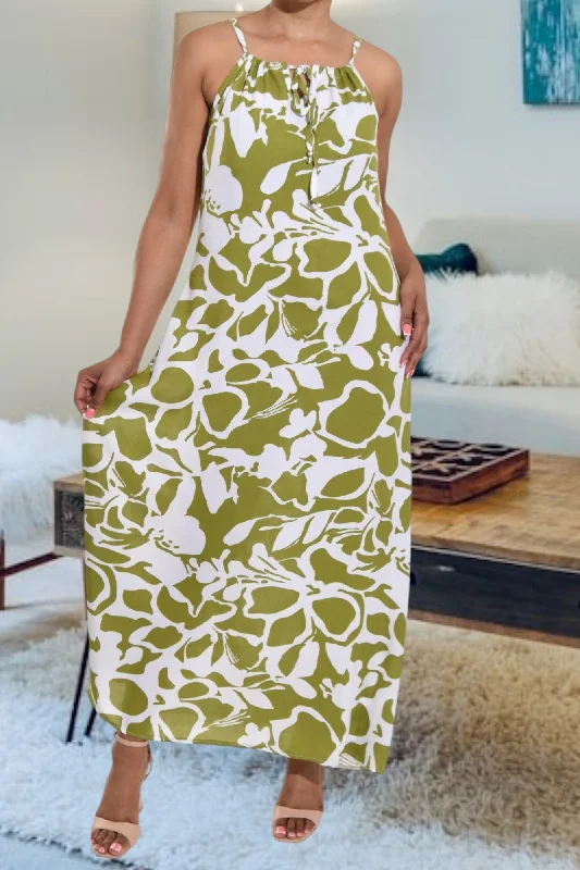 Silk summer maxi dresses for weddings-Sage Floral Strappy Maxi Dress