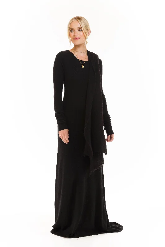 Trendy casual satin maxi dresses-CASHMERE MAXI FITTED DRESS BLACK