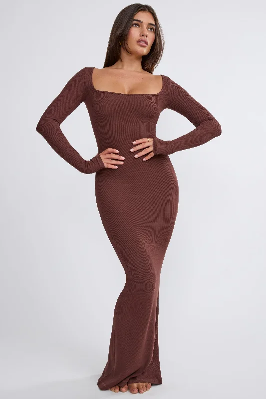 Trendy plus size maxi dresses-Ribbed Modal Long Sleeve Maxi Dress in Chocolate