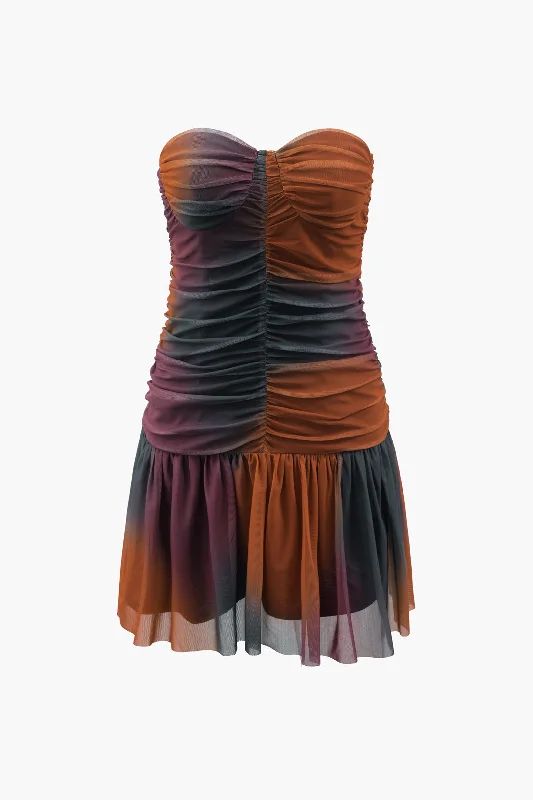 mini dresses-stylish for special eventsTie Dye Mesh Ruched Strapless Mini Dress