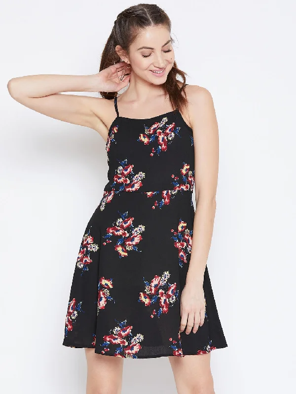 mini dresses-perfect event wearBerrylush Women Black & Red Floral Printed Sleeveless Fit & Flare Mini Dress