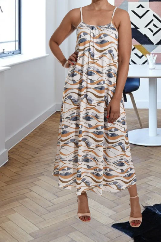 Boho style maxi dresses with sleeves-Cream And Brown Printed Strappy Maxi Dress