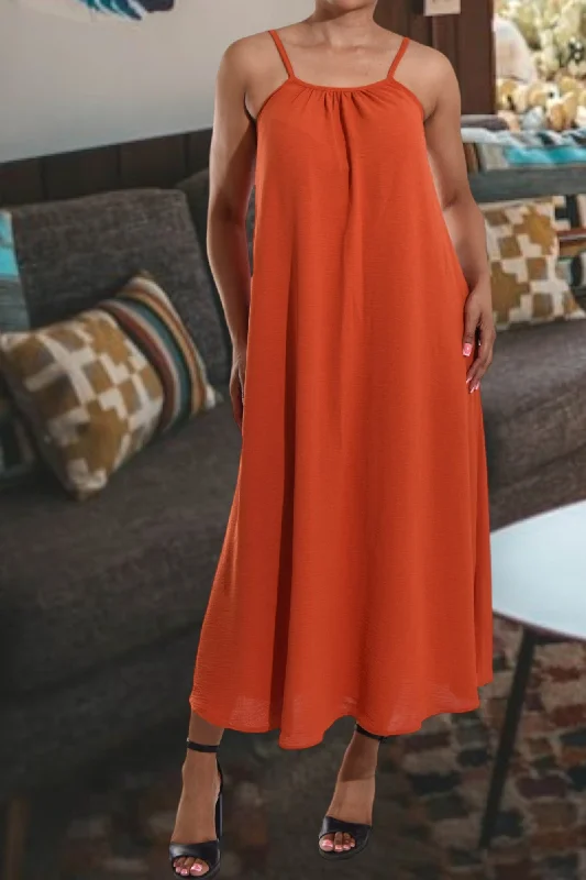 Maxi dresses with high-low hem-Rust Strappy Maxi Dress