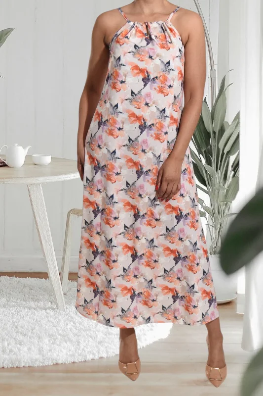 Casual beach-themed maxi dresses-Lilac Floral Strappy Maxi Tie Dress