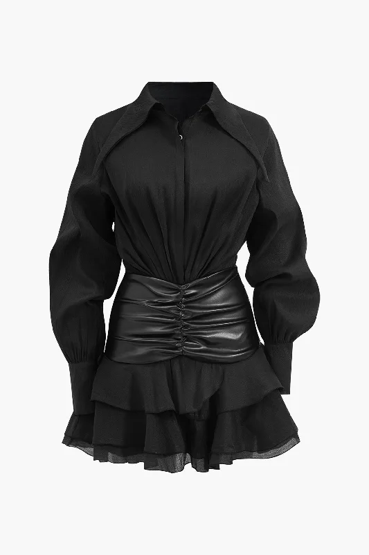 mini dresses-perfect night lookChiffon Faux Leather Patchwork Ruffle Long Sleeve Mini Dress