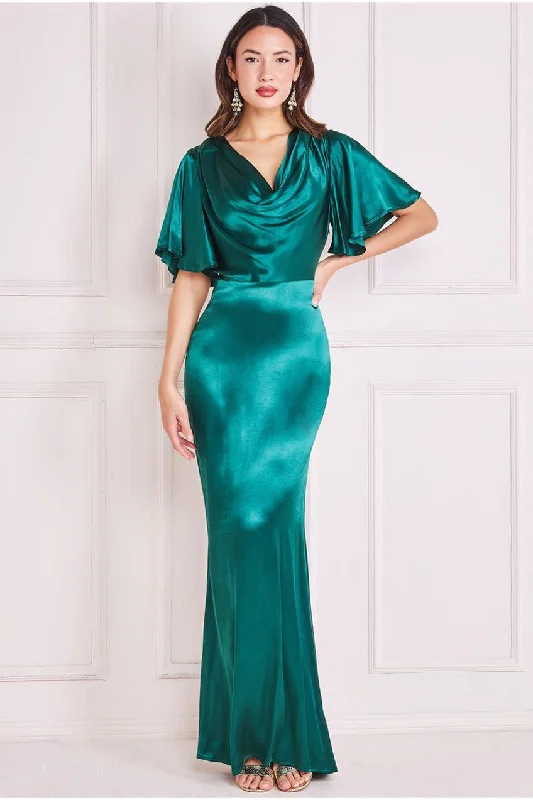 Formal evening floral maxi dresses-Goddiva Satin Viscose Cowl Neck Maxi With Train - Emerald