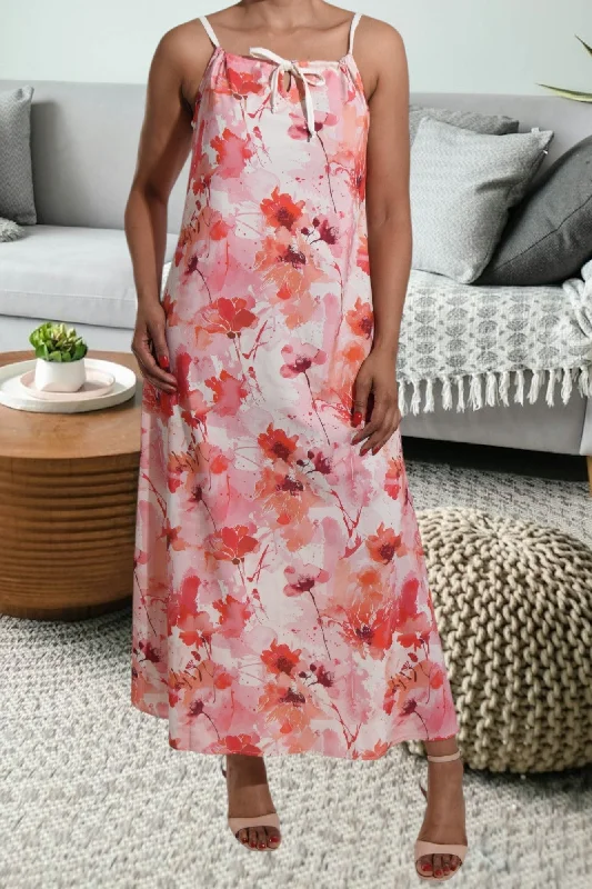 Maxi dresses for birthday parties-Red Floral Strappy Maxi Tie Dress