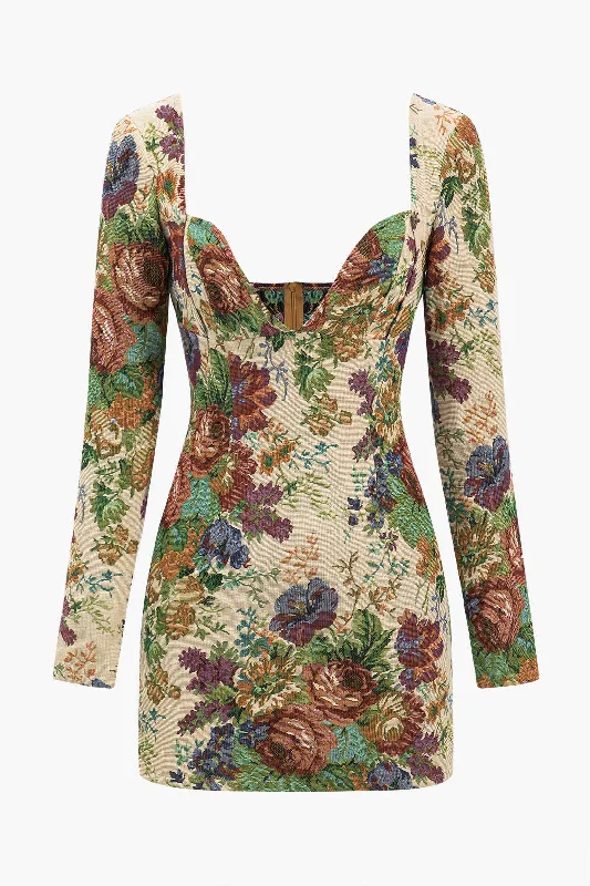 mini dresses-summer casual essentialsFloral Jacquard Long Sleeve Zipper V-Neck Mini Dress