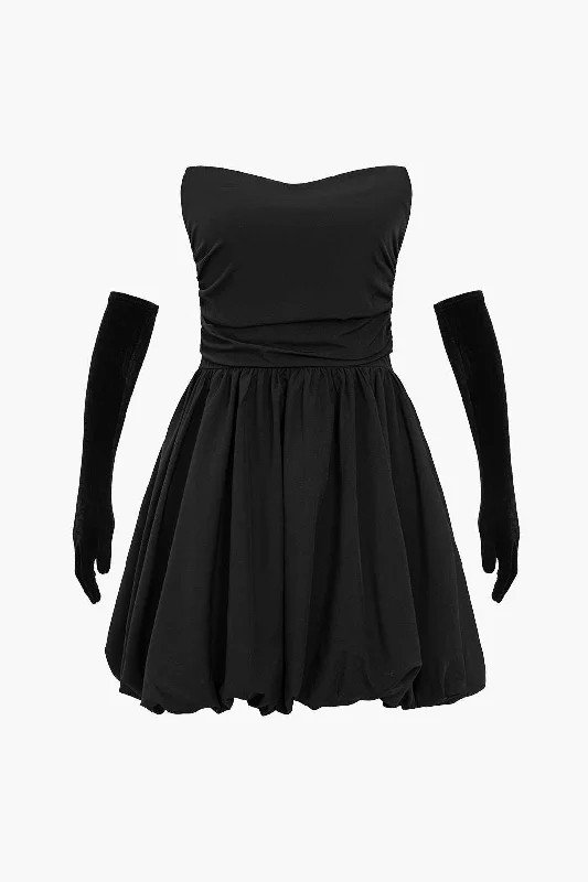 mini dresses-glam party lookRuched Strapless Mini Dress With Gloves