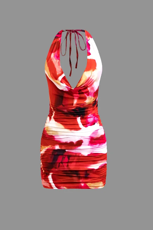 mini dresses-perfect for autumn chicTie Dye Halter Cowl Neck Backless Mini Dress