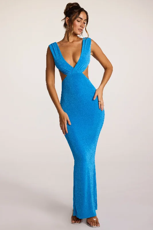 Sexy backless lace maxi dresses-Textured Jersey Plunge Neck Maxi Dress in Cobalt Blue