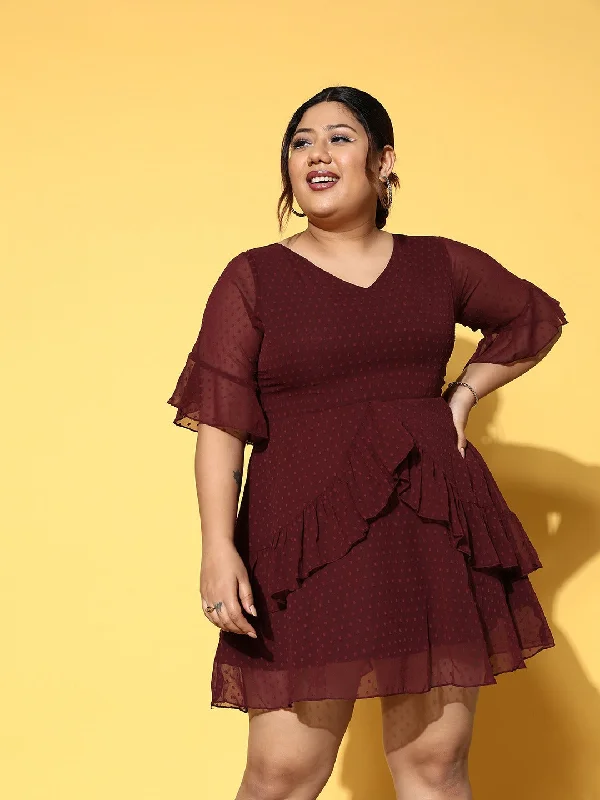 mini dresses-comfy yet stylishBerrylush Women Plus Size Solid Maroon Dobby Weave V-Neck Semi-Sheer Ruffled A-Line Mini Dress