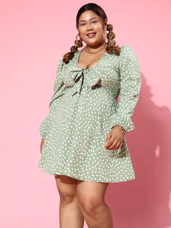 mini dresses-for fashionable womenBerrylush Women Plus Size Green & White Abstract Printed V-Neck Puff Sleeves Front Tie-Up Flared A-Line Mini Dress