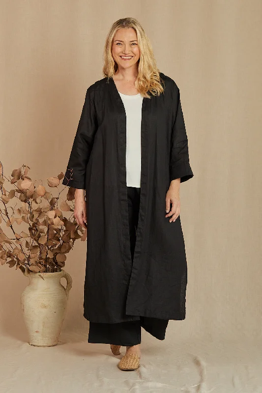 Silk wrap maxi dresses-Long Line Linen Duster Jacket in Black