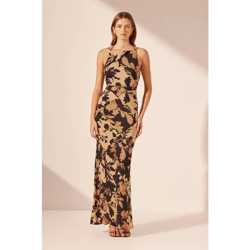 Off-shoulder floral maxi dresses-Lai Silk HIgh Neck Ruched Maxi Dress