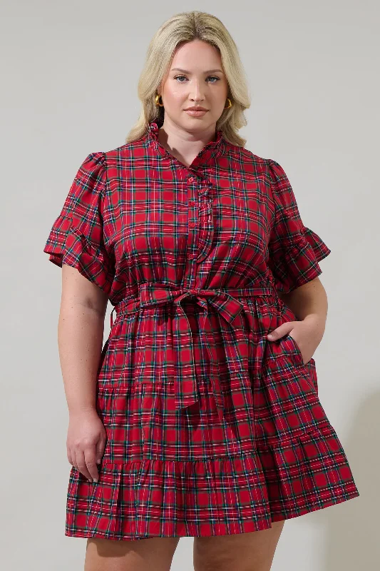 mini dresses-for vacation wearArvada Plaid Cottonwood Ruffle Button Down Mini Dress Curve