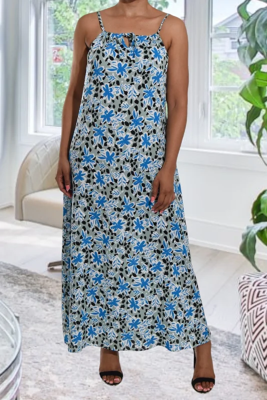 Backless formal maxi dresses-Blue Floral Strappy Maxi Dress