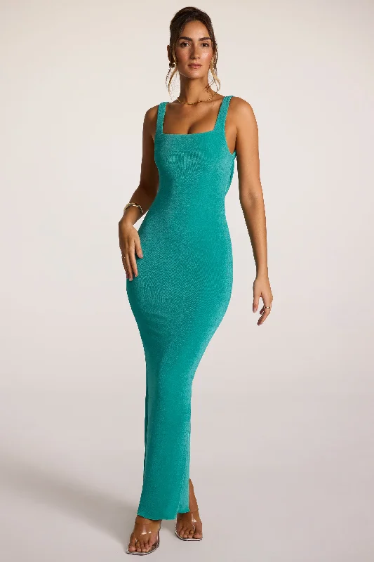 V-neck satin maxi dresses-Textured Jersey Square Neck Cowl Back Maxi Dress in Teal