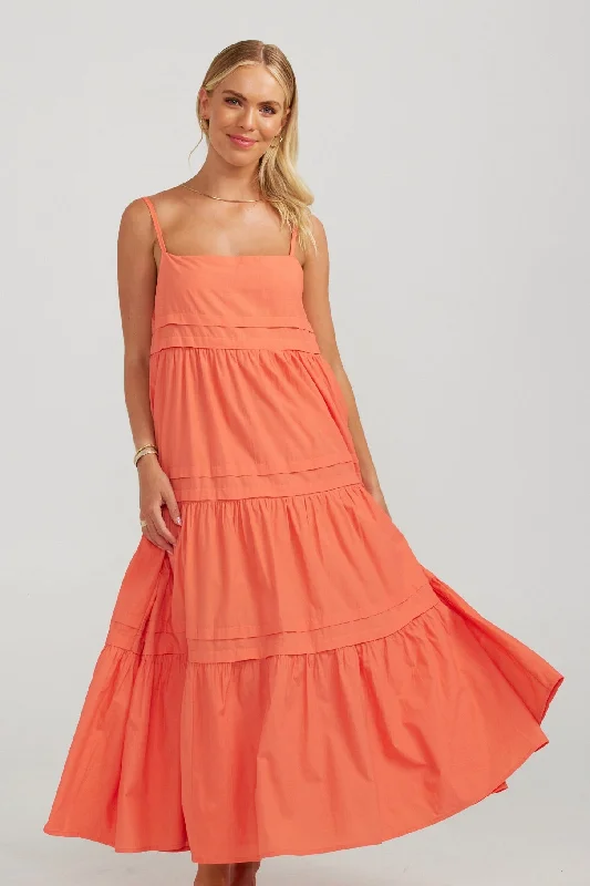 Wedding guest satin maxi dresses-Esme Coral Strappy Maxi Dress