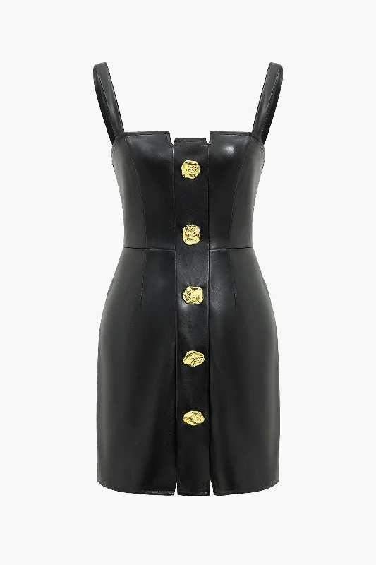 mini dresses-statement piece lookSolid Faux Leather Button Mini Dress