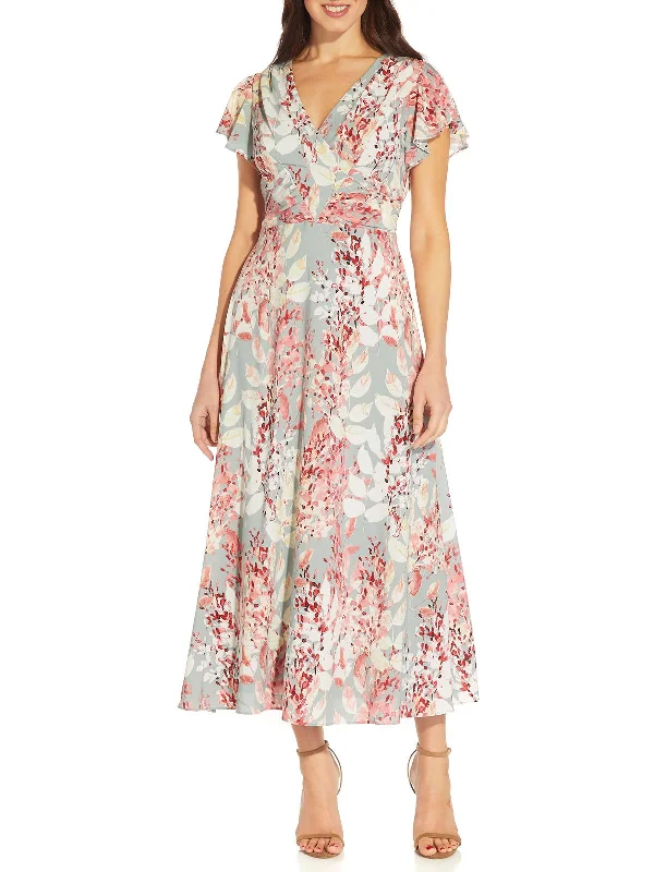 Midi dresses with flowy silhouettes-Womens Floral Calf Midi Dress