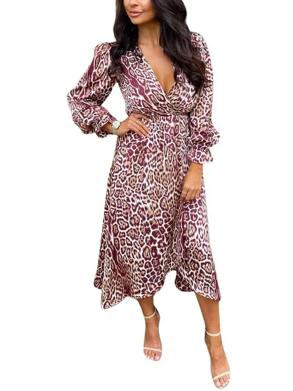 Midi dresses for the holiday season-Womens Animal Print Faux Wrap Midi Dress