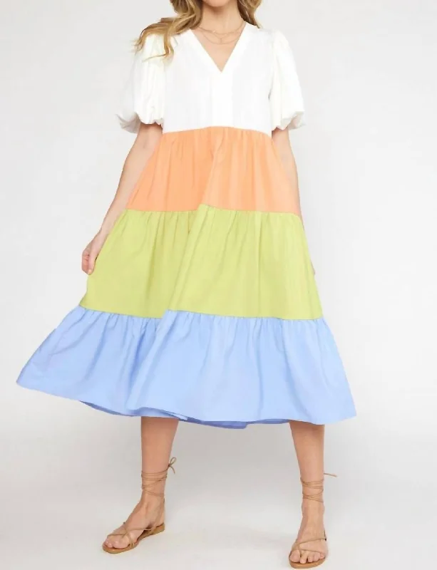 Midi dresses for a summer evening stroll-The Encanto Tiered Color Block Midi Dress In Off White Combo