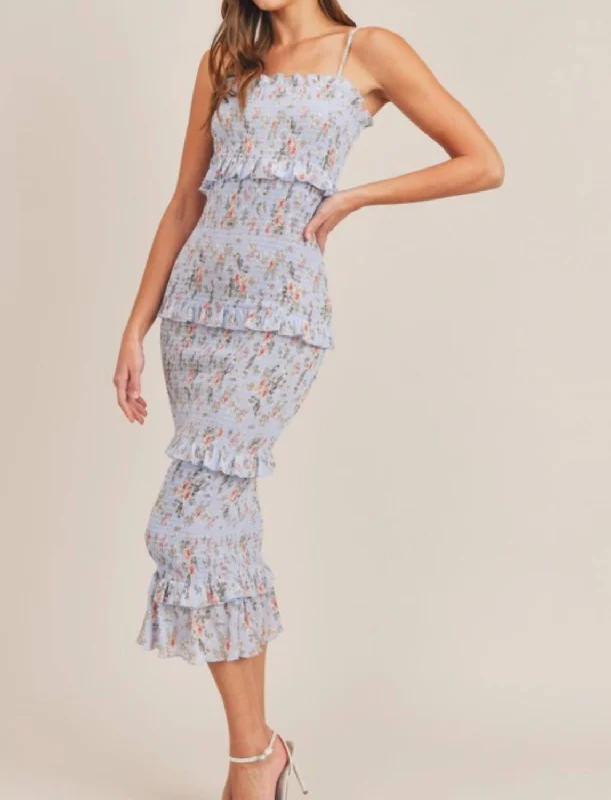 Midi dresses for chic and modern looks-Asher Floral Smocked Midi Dress in Blue Floral