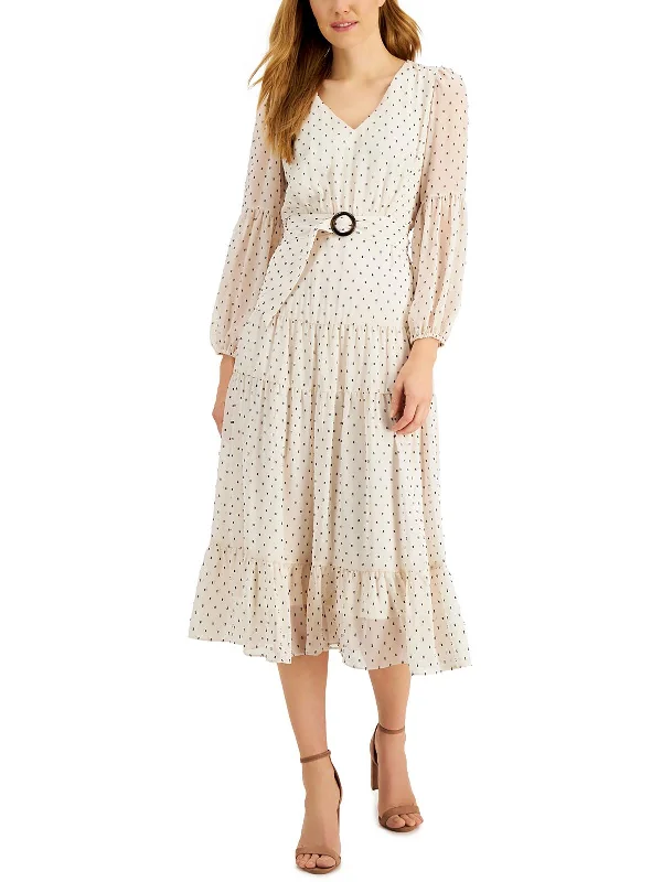 Midi dresses for relaxed beach days-Petites Womens Chiffon Long Sleeves Midi Dress