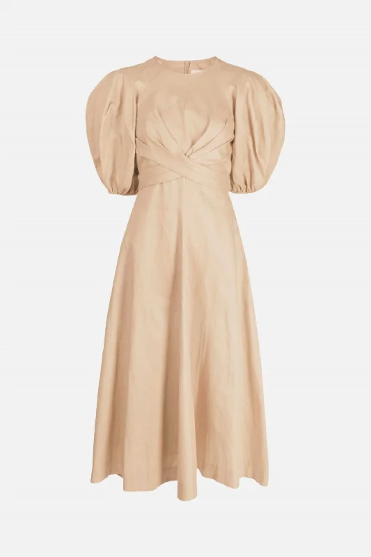 Trendy midi dresses for casual shopping trips-Wrap Midi Dress In Tan